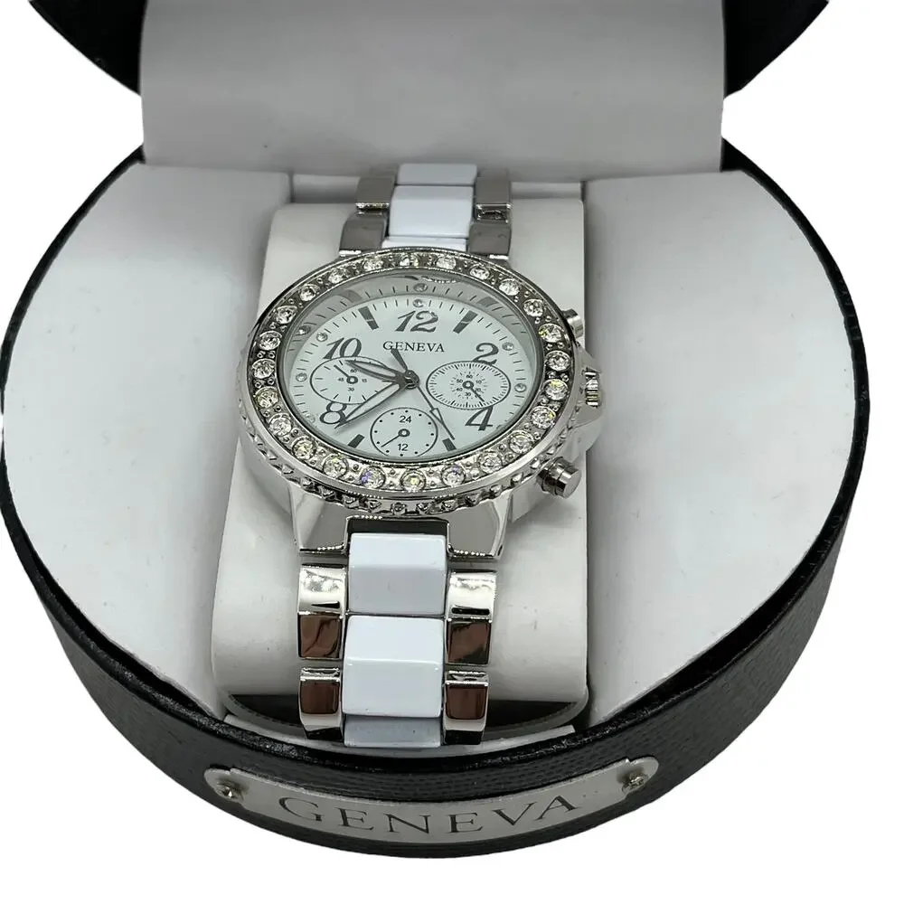 Geneva Watch Silver White Rhinestone Women's In Box No Papers, but Attached